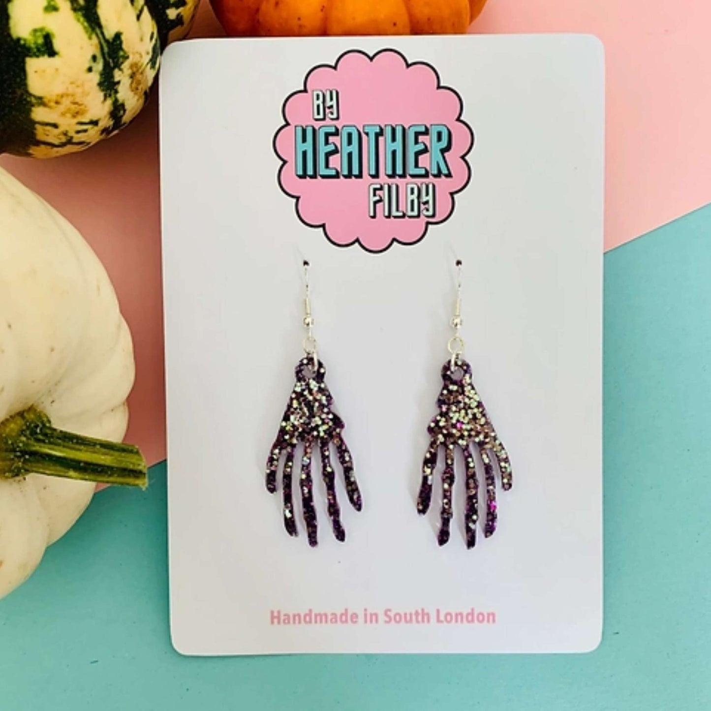 Mystic Purple Skeleton Hand Earrings