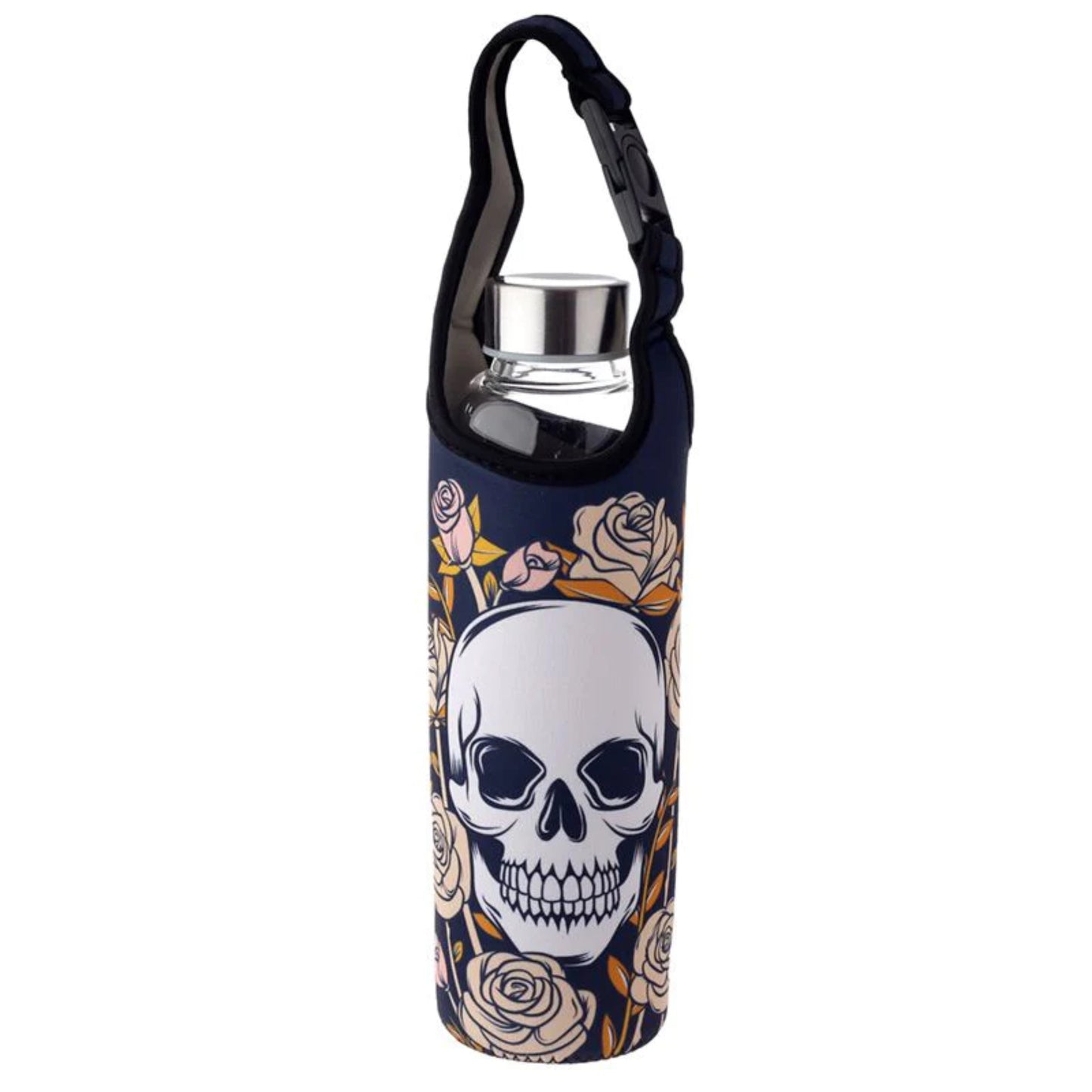 Skulls & Roses Reusable Glass Water Bottle with Protective Neoprene Sleeve